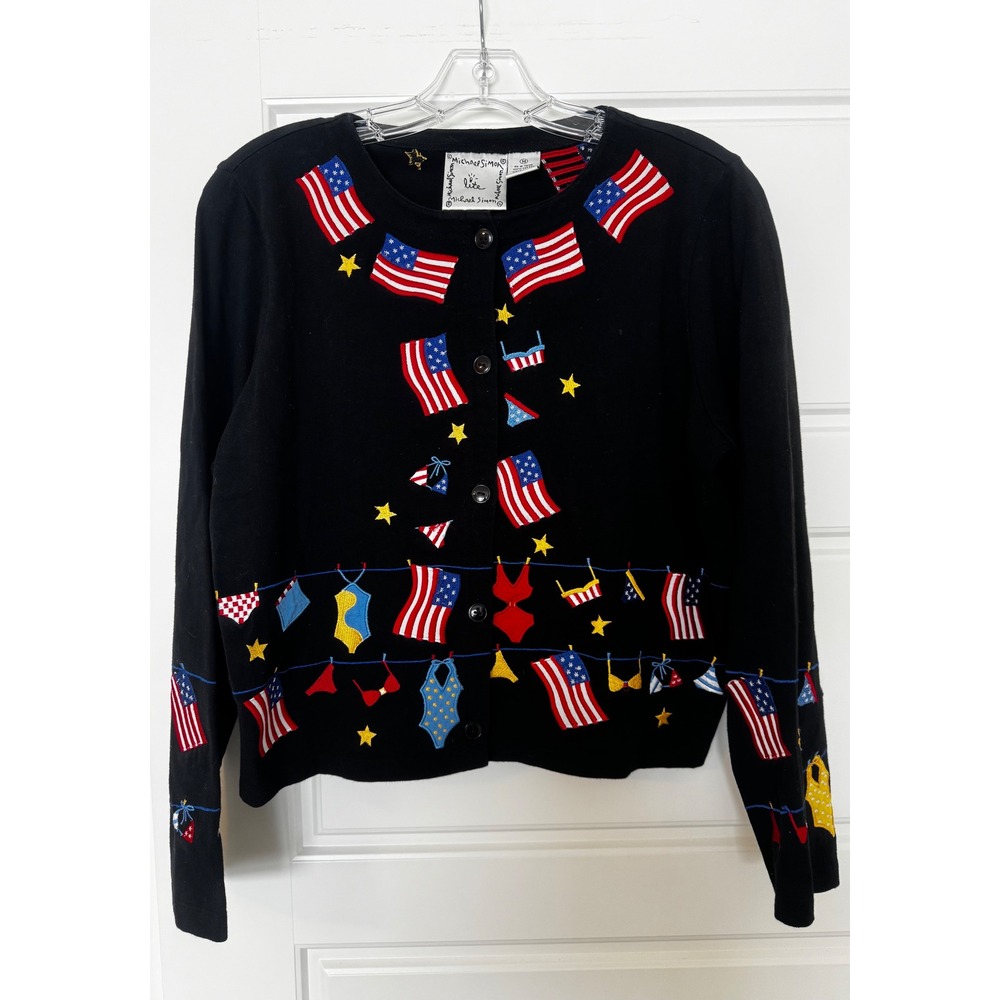 Vintage Michael Simon Knit Cardigan: 90s Y2K American Flag Sweater (Size M)